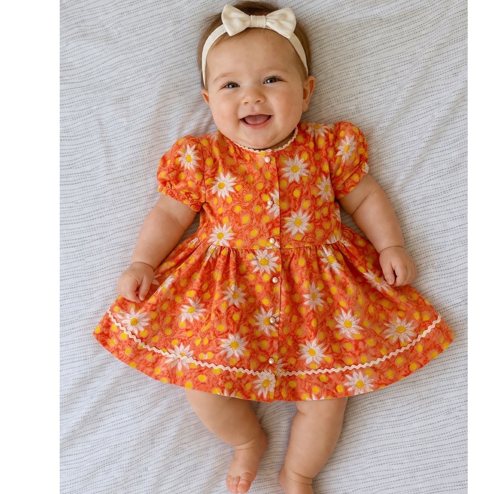 Baby B Good Vintage‎ Orange Floral Daisy Dress Faux Pearl Buttons 24 Months